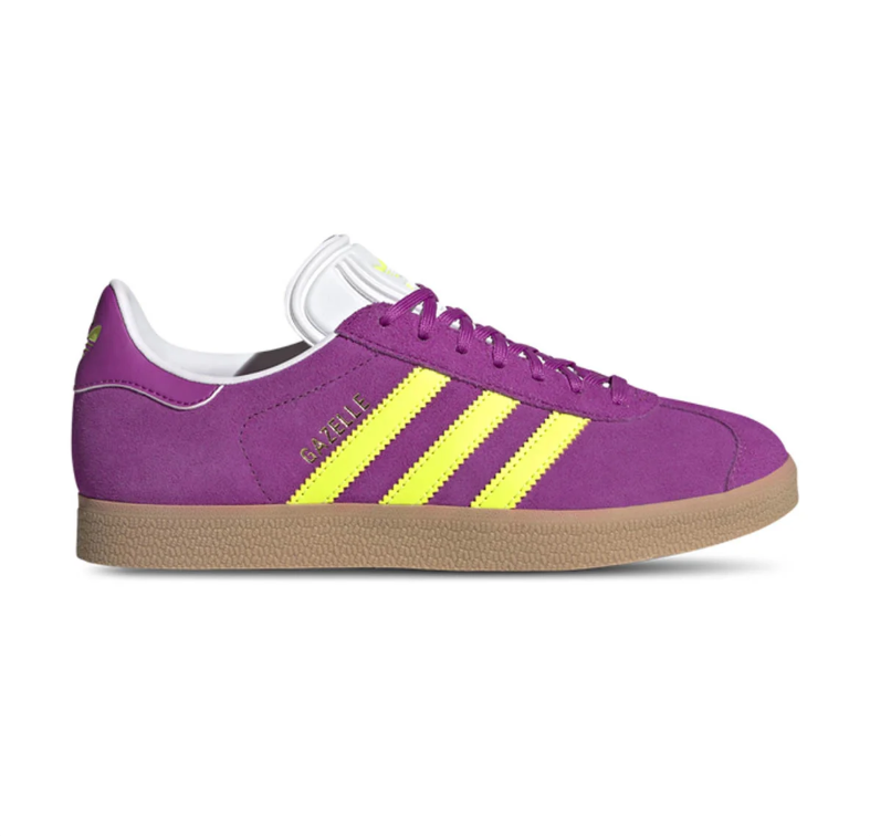 adidas Gazelle Purple Sneakers with Neon Yellow Stripes & Gum Sole