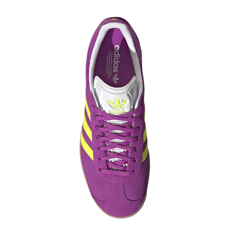 adidas Gazelle Purple Sneakers with Neon Yellow Stripes & Gum Sole