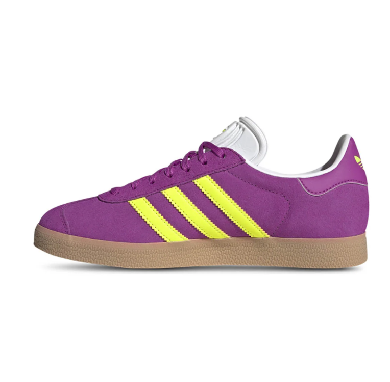 adidas Gazelle Purple Sneakers with Neon Yellow Stripes & Gum Sole