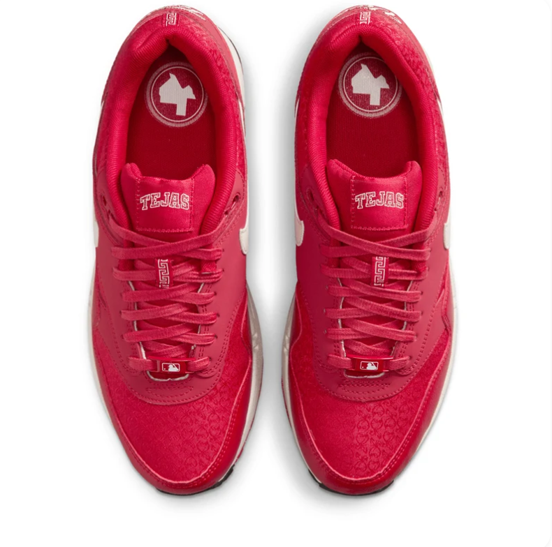 Nike Air Max 1 Red Sneakers with Cream Swoosh & Viva Tejas Details