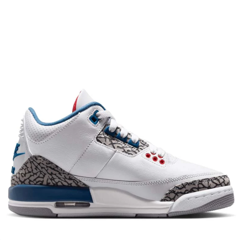 Air Jordan 3 White & Blue Sneakers with Elephant Print & Red Accents