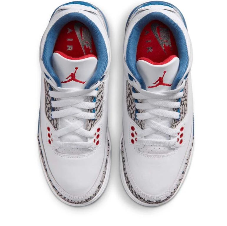 Air Jordan 3 White & Blue Sneakers with Elephant Print & Red Accents