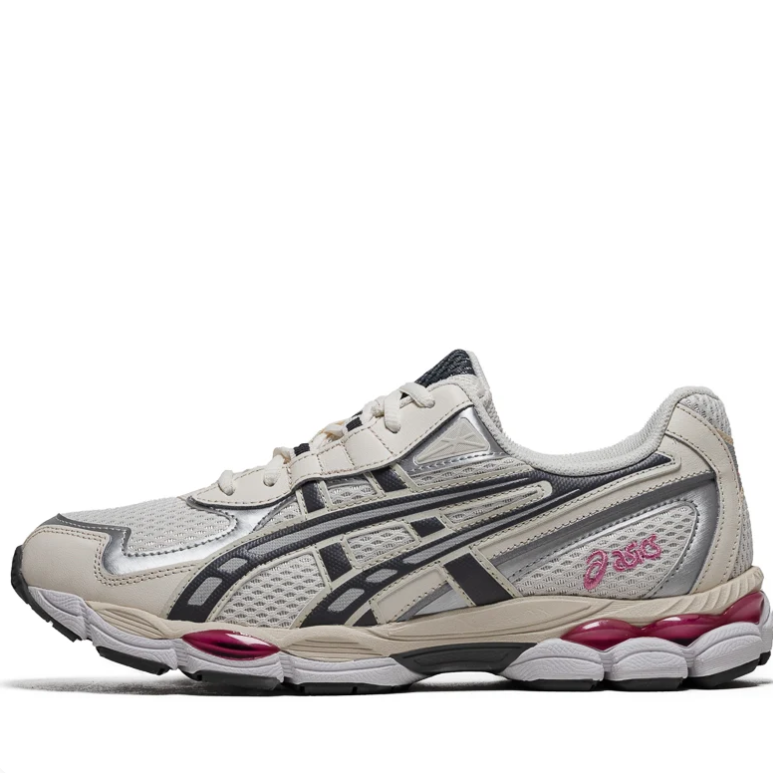 ASICS Silver & Cream Mesh Sneakers with Black Stripes & Pink Accents