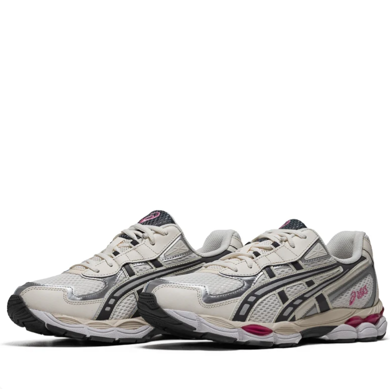 ASICS Silver & Cream Mesh Sneakers with Black Stripes & Pink Accents