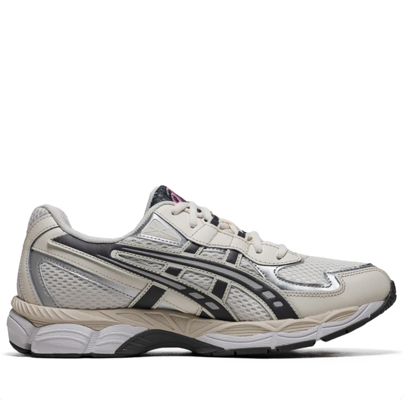 ASICS Silver & Cream Mesh Sneakers with Black Stripes & Pink Accents