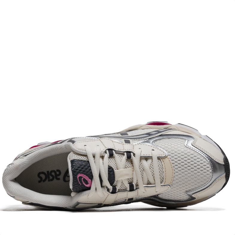 ASICS Silver & Cream Mesh Sneakers with Black Stripes & Pink Accents