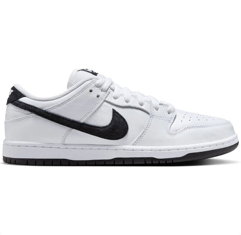 Nike SB Dunk Low Pro White Sneakers with Black Swoosh & Outsole