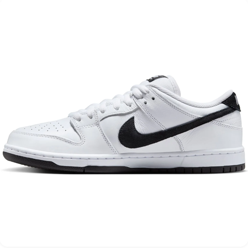 Nike SB Dunk Low Pro White Sneakers with Black Swoosh & Outsole