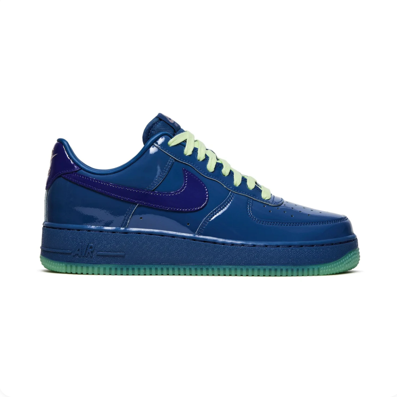 Nike Air Force 1 Low Glossy Blue Sneakers with Purple & Lime Accents