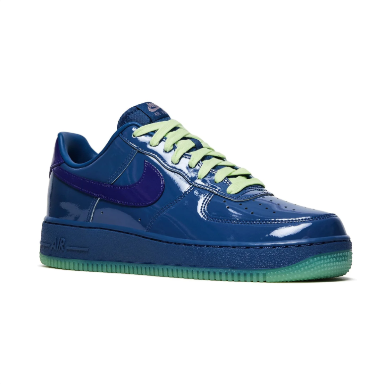Nike Air Force 1 Low Glossy Blue Sneakers with Purple & Lime Accents