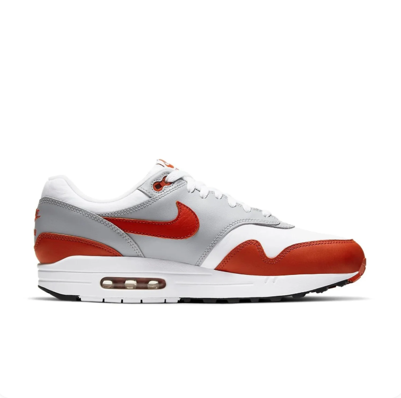 Nike Air Max 1 White & Light Gray Sneakers with Burnt Orange Accents