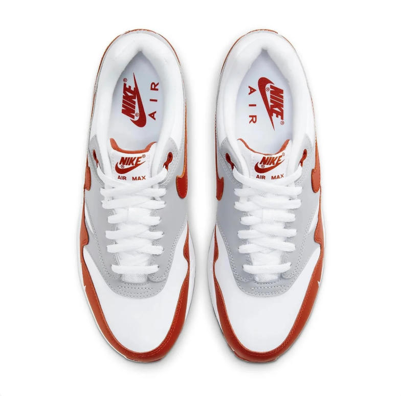 Nike Air Max 1 White & Light Gray Sneakers with Burnt Orange Accents