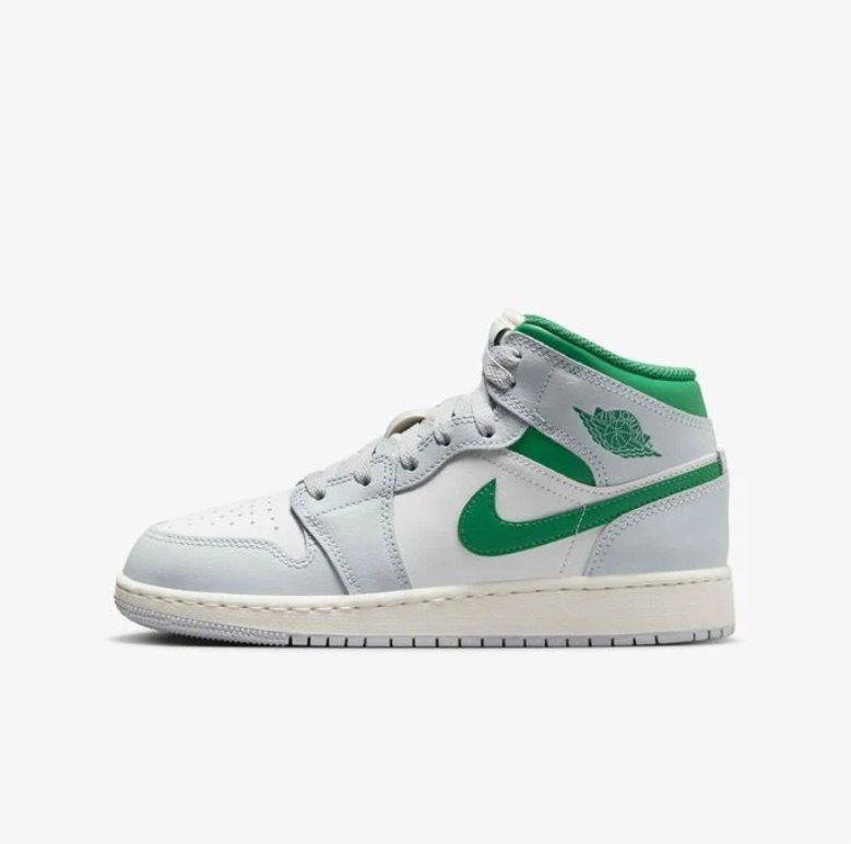 Air Jordan 1 Mid White & Light Gray Sneakers with Green Accents
