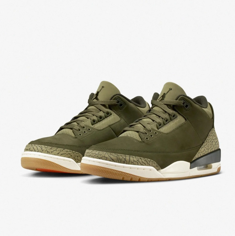 Air Jordan 3 Olive Green Sneakers with Elephant Print & Gum Outsole
