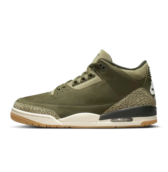 Air Jordan 3 Olive Green Sneakers with Elephant Print & Gum Outsole