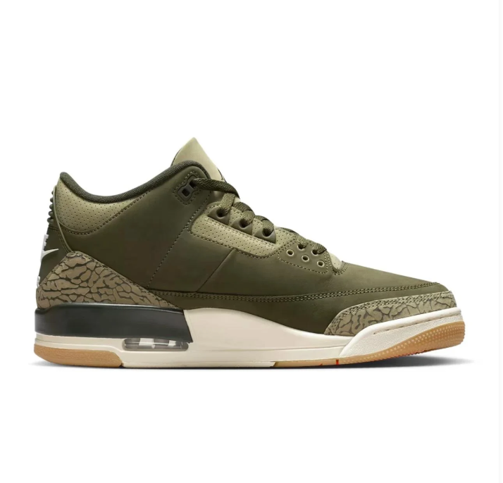 Air Jordan 3 Olive Green Sneakers with Elephant Print & Gum Outsole