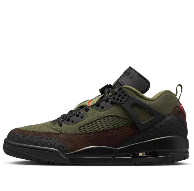 Jordan Spizike Low Olive & Brown Sneakers with Black and Red Accents