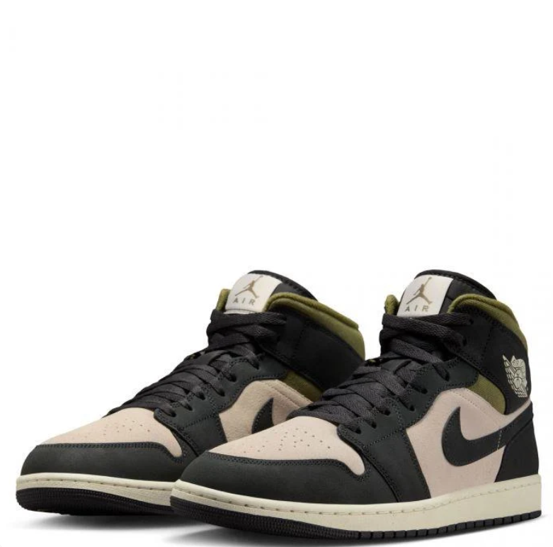 Air Jordan 1 Mid Black & Beige Sneakers with Olive Accents