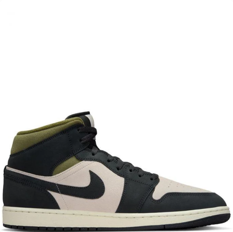 Air Jordan 1 Mid Black & Beige Sneakers with Olive Accents