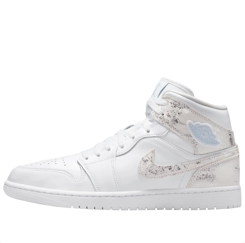 Air Jordan 1 Mid White Sneakers with Distressed Silver Accents