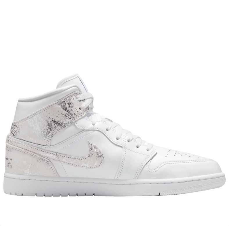 Air Jordan 1 Mid White Sneakers with Distressed Silver Accents