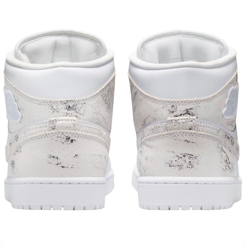 Air Jordan 1 Mid White Sneakers with Distressed Silver Accents