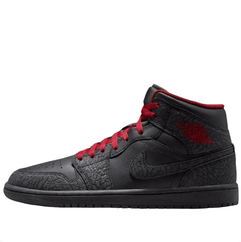 Air Jordan 1 Mid Black & Charcoal Elephant Print Sneakers with Red Accents