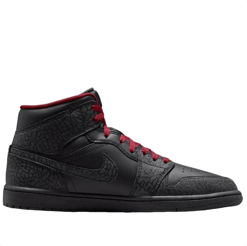 Air Jordan 1 Mid Black & Charcoal Elephant Print Sneakers with Red Accents