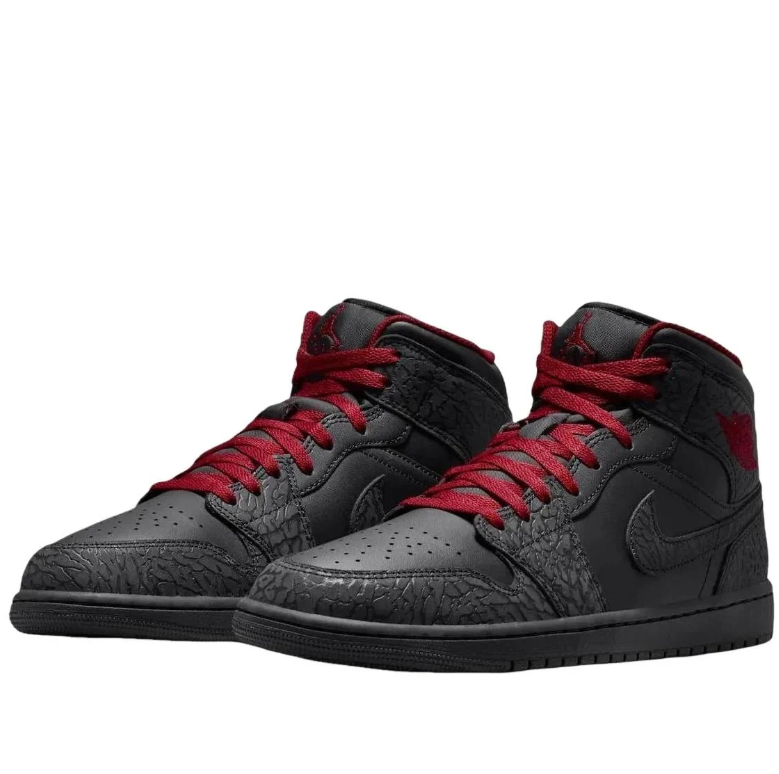 Air Jordan 1 Mid Black & Charcoal Elephant Print Sneakers with Red Accents