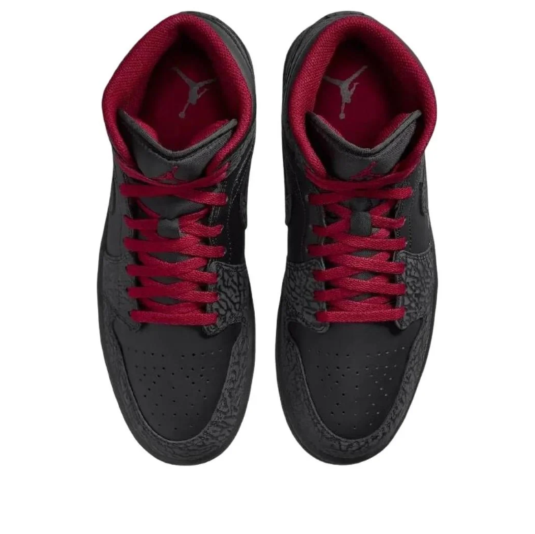 Air Jordan 1 Mid Black & Charcoal Elephant Print Sneakers with Red Accents