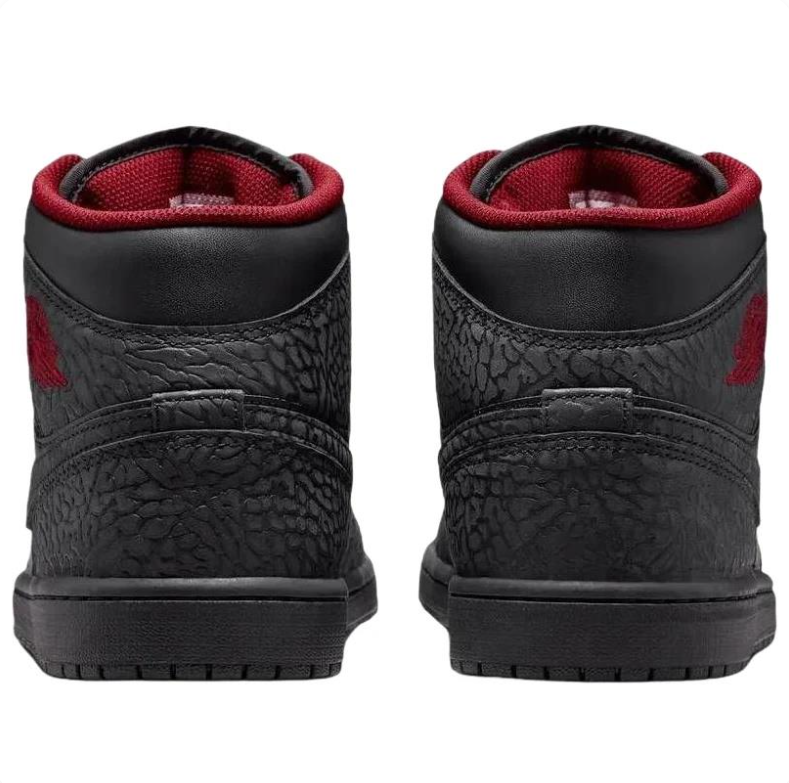 Air Jordan 1 Mid Black & Charcoal Elephant Print Sneakers with Red Accents