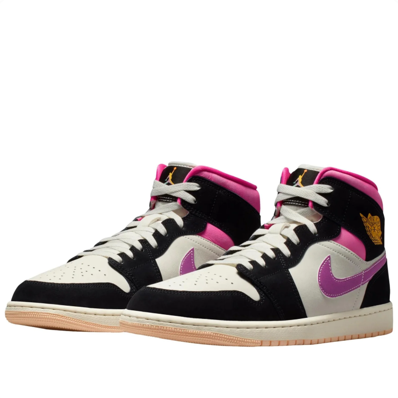 Air Jordan 1 Mid Black & White Sneakers with Pink & Purple Accents