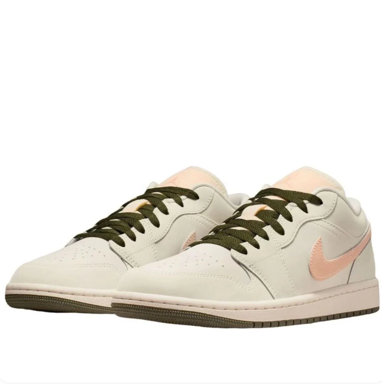 Air Jordan 1 Low Cream & Peach Sneakers with Olive Accents