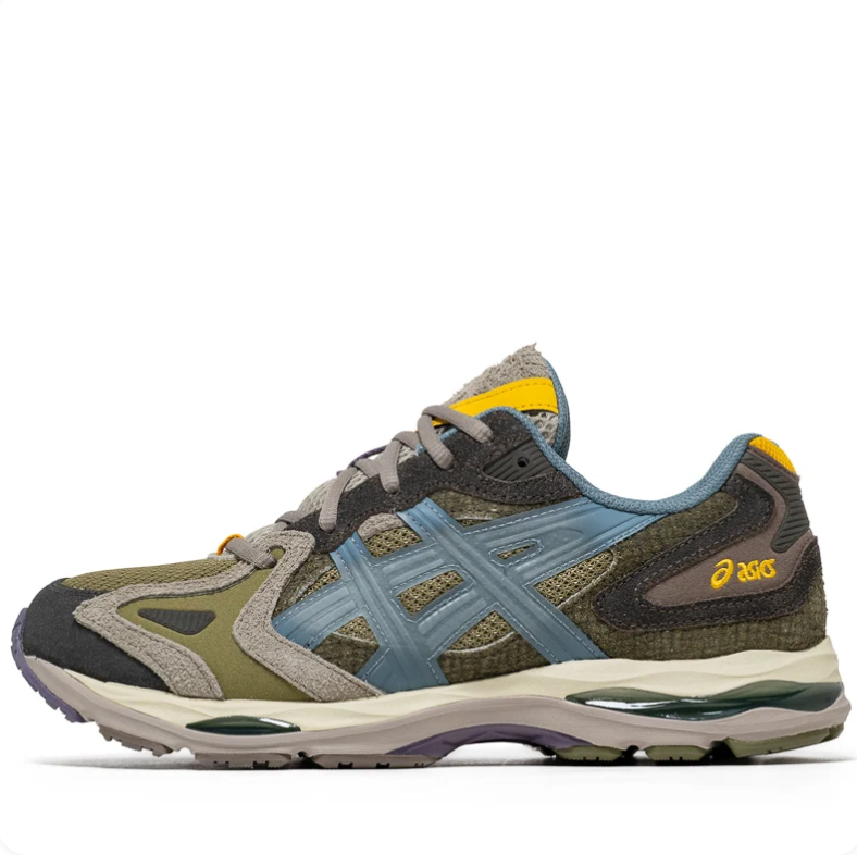 ASICS Olive Green & Blue Low-Top Sneakers with Yellow Accents
